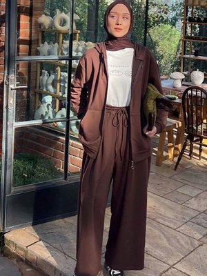 Acı Kahve İplik Uzun Fermuarlı Eşofman Takım