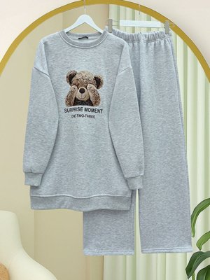 Açık Gri Ayıcık Baskılı Şardonlu İplik Sweat Takım