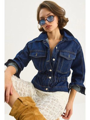 Lacivert Beli Lastikli Denim Ceket