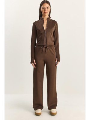 Kahverengi Dik Yaka Fermuarlı Bol Pantolonlu Alt Üst Takım