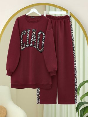 Bordo Önü Yazılı Leopar Deseni Detaylı Üç İplik Sweat Takım