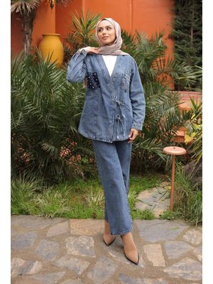 Mavi Taş İşlemeli Ceket Pantolonlu Kot Takım