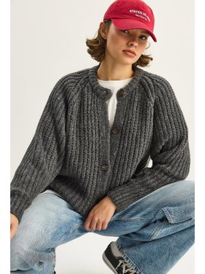 Antrasit Kalın Örgü Bisiklet Yaka Triko Hırka