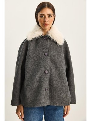 Antrasit Seyyar Kürk Yaka Cep Detaylı Astarlı Kaşe Kaban