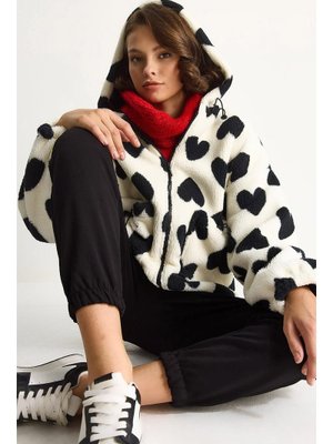 Ekru Siyah Kalpli Kapüşonlu Oversize Peluş Mont