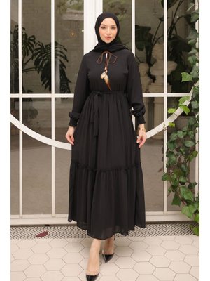 Siyah Eteği Katlı Kuşaklı Şifon Elbise