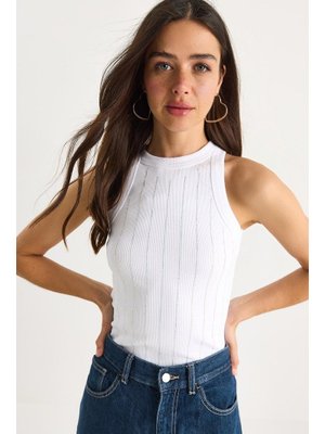 Beyaz Diamond Şeritli Basic Crop Bluz