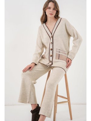 Ekru Cepli Hırka Triko İkili Takım