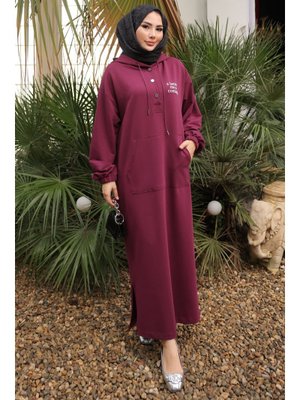 Mürdüm Baskılı Kapüşonlu İki İplik Elbise