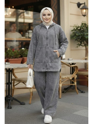 Kapüşonlu Cepli Koyu Kot Gri Tunik Pantolon Takım