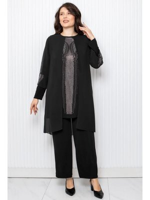 Siyah Taş Baskı Detaylı İkili Takım