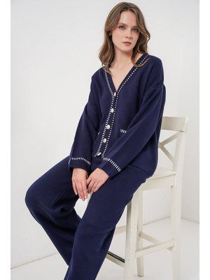 Lacivert Nakışlı Triko Hırka Pantolon İkili Takım