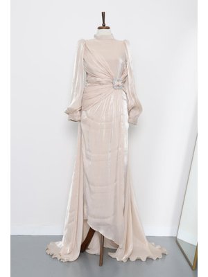 Bej Önü Taş Detaylı Abiye Elbise