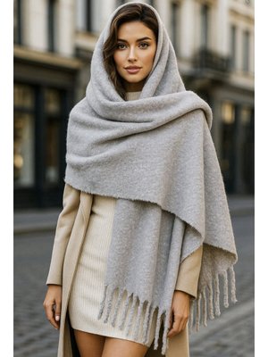 Gri Püsküllü Buklet Atkı Şal 45x210 Cm 1257