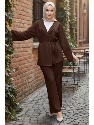 Kahve Ceket Pantolon Bluz Modal Üçlü Takım