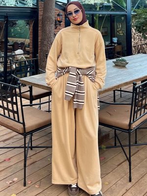 Bej İplik Yarım Fermuarlı Eşofman Takım