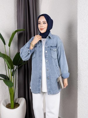 Yıkamalı Cepli Denim Kot Mavi Ceket