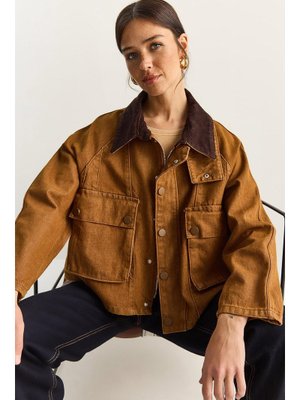 Camel Kontrast Kadife Yaka Detaylı Büyük Cepli Gabardin Oversize Denim Ceket