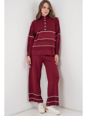 Bordo Çizgili Oversize Triko İkili Takım