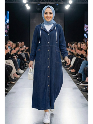 Kapüşonlu Düğmeli Cepli Koyu Kot Mavi Kap