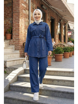Cep Detaylı, Düğmeli Ve Kuşaklı Lacivert İkili Takım