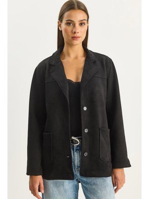 Siyah Cep Detaylı Kuşaklı Süet Ceket