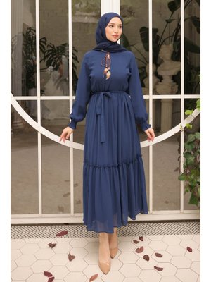 Lacivert Eteği Katlı Kuşaklı Şifon Elbise
