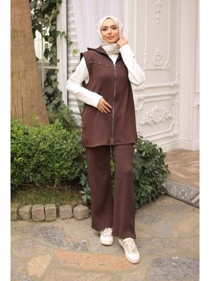 Kahverengi Fitilli Yelek Tunik Pantolonlu Üçlü Takım