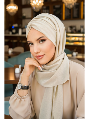 Ekru Simli Kelebek Büzgülü Bantlı Bone Şal