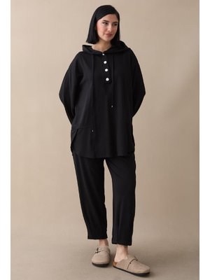 Kapüşonlu Düğmeli İkili Siyah Modal Takım