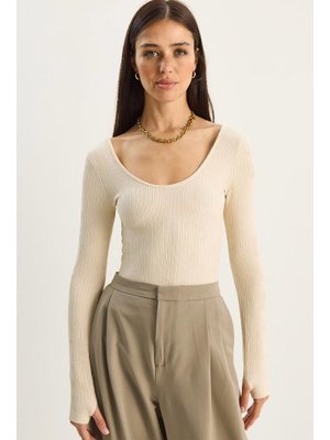 Bej U Yaka Likralı Basic Bluz