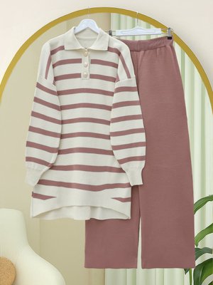 G.kurusu Polo Yaka Düğmeli Çizgili Triko Takım