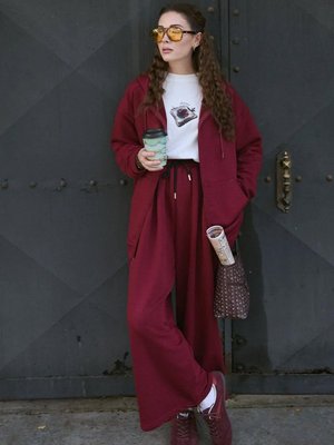 Bordo İplik Uzun Fermuarlı Eşofman Takım