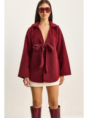 Bordo Gömlek Yaka Bağlama Detaylı Kırçıllı Kaşe Kaban