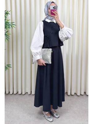 Lacivert Düğme Detaylı Yelekli Takım