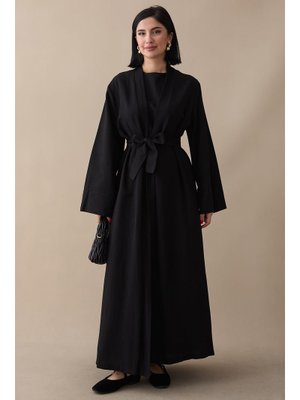 Truvakar Kol Abayalı Elbiseli Siyah Keten Takım