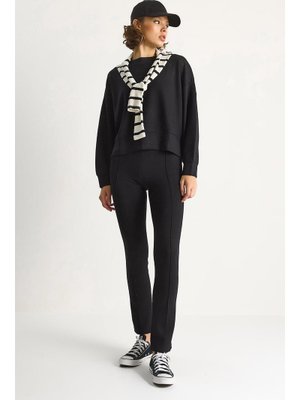 Siyah Yumuşak Dokulu Bisiklet Yaka Oversize Sweat Pantolon Viskon Dalgıç Takım