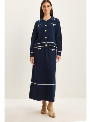 Lacivert Gold Düğme Detaylı Uzun Etekli Triko Alt Üst Takım