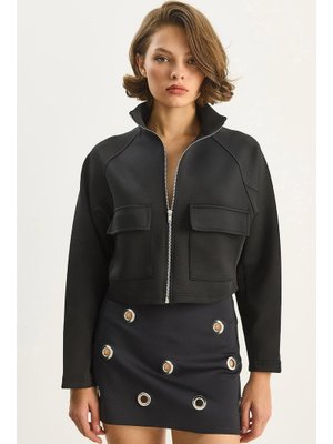 Siyah Cep Detaylı Fermuarlı Scuba Dalgıç Bomber Ceket