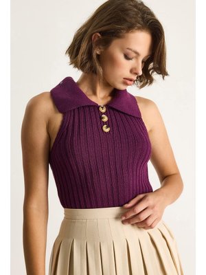 Mürdüm Yakalı Fitilli Yazlık Triko Bluz