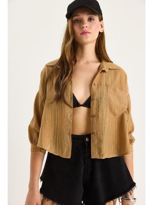 Camel Kendinden Çizgili Yarım Kollu Tek Cep Detaylı Gömlek