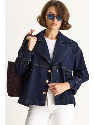 Lacivert Geniş Yaka Uzun Kollu Ayarlanabilir Manşetli Denim Ceket