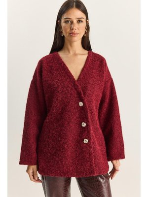 Bordo V Yaka Şık Asimetrik Düğmeli Kırçıllı Kaşe Hırka