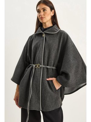 Antrasit Cep Detaylı Suni Deri Kemerli Kaşe Panço