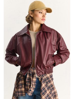 Bordo Oversize Belli Lastikli Suni Deri Bomber Ceket