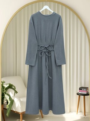 Gri Beli Drapeli Çift Bağcıklı Selanik Elbise