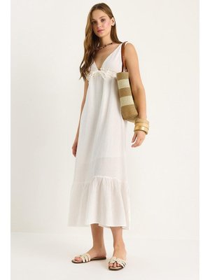 Beyaz V Yaka Bağlama Detaylı Astarlı Müslin Elbise