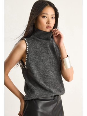 Antrasit Taş Detaylı Yarım Balıkçı Yaka Triko Bluz