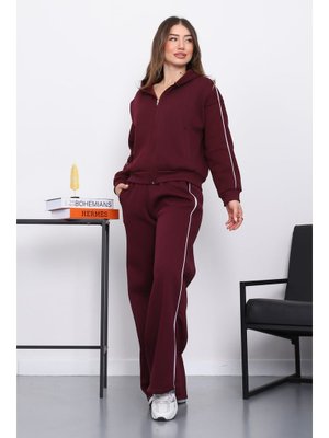 Mürdüm Kapüşonlu Üç İplik Sweat Hırka Pantolonlu Takım