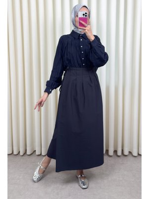 Lacivert Yan Bağlamalı Ayarlanabilir Etek